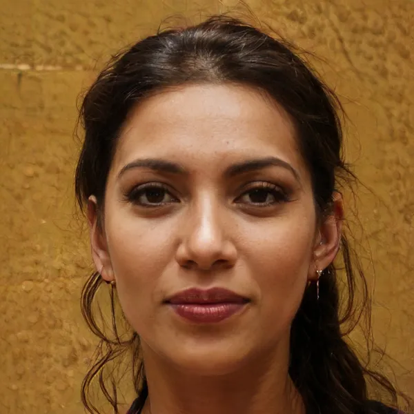 Nadia Rahman, violin teacher and string-instrument specialist, dark hair pulled back, against a warm ochre background