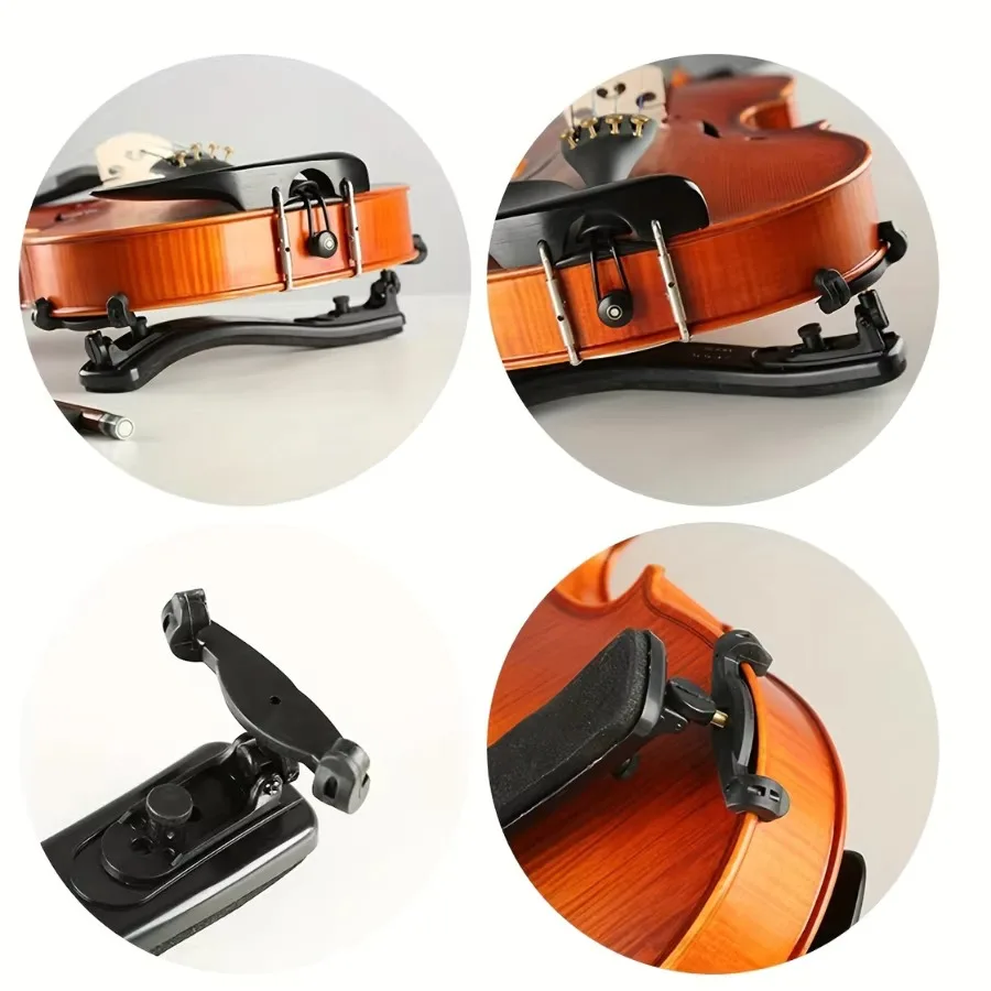 Cadenza violin shoulder rest in black plastic clamped onto a violin, shown from four angles with its foldable hook feet and thumbscrew joints